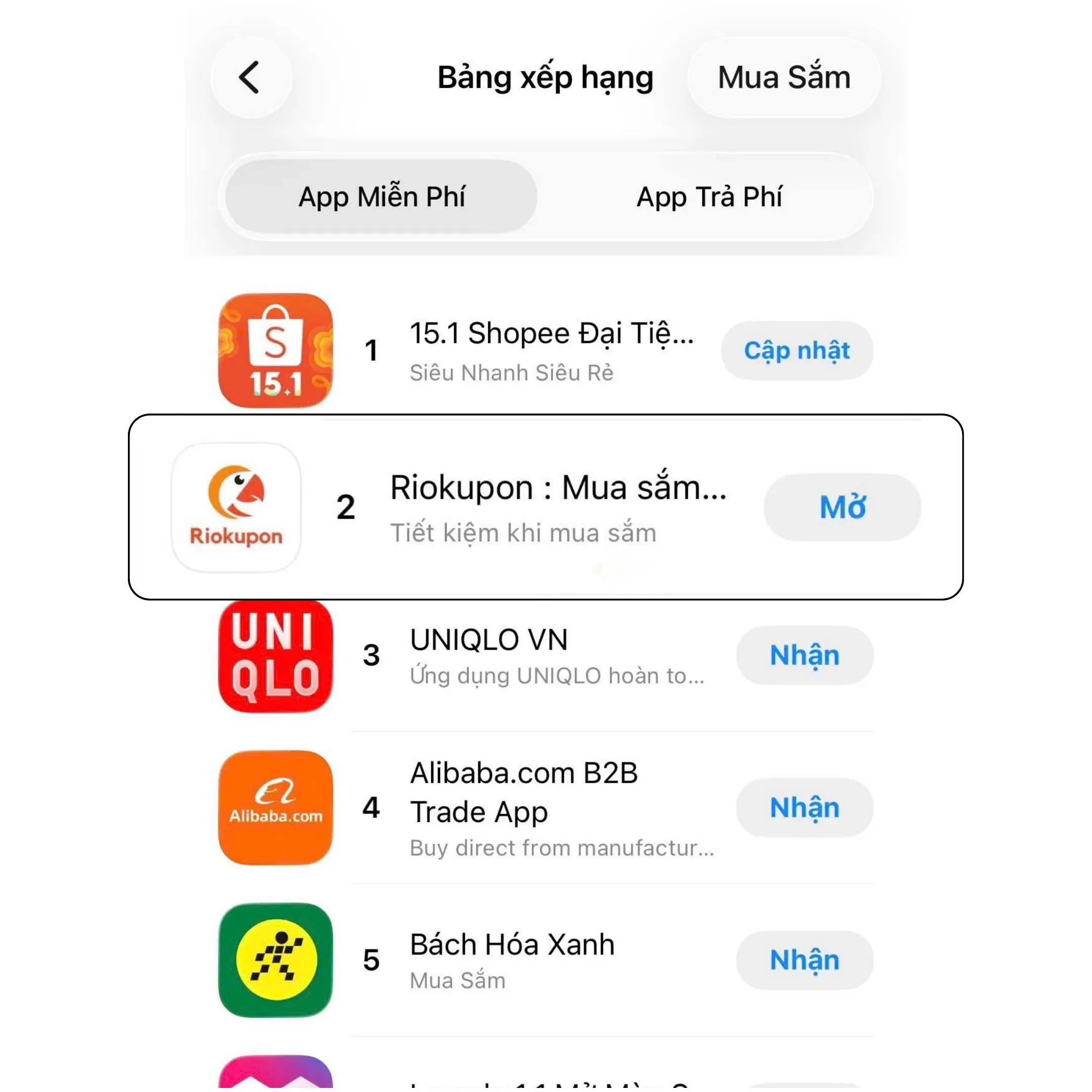 Bảng xếp hạng App Miễn phí, danh mục Mua sắm trên App Store: Riokupon đứng thứ 2